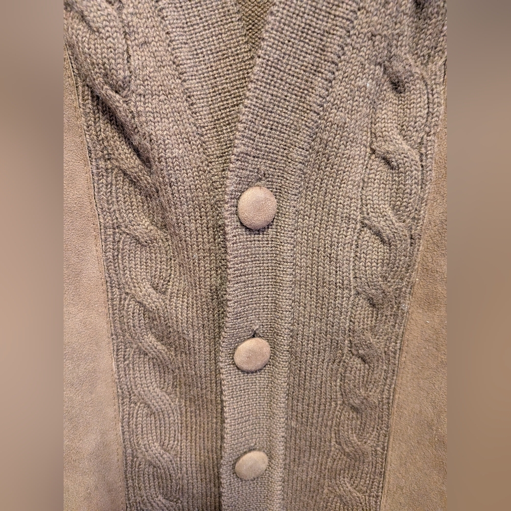 Vintage 60s Grandpa Style Cardigan W. Suede Trim. Chocolate Brown. Medium+ - Picture 5 of 8